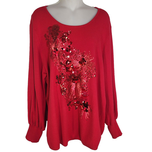 Chicos Women Tonal Sequin Pullover Sweater Size 4 XXL Red Balloon Sleeve Holiday - Picture 1 of 11